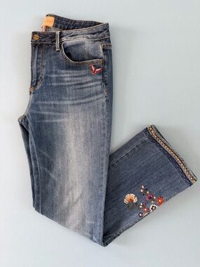 Driftwood Kelly Embroidered Floral Bohemian Mid Rise Bootcut Denim Jeans